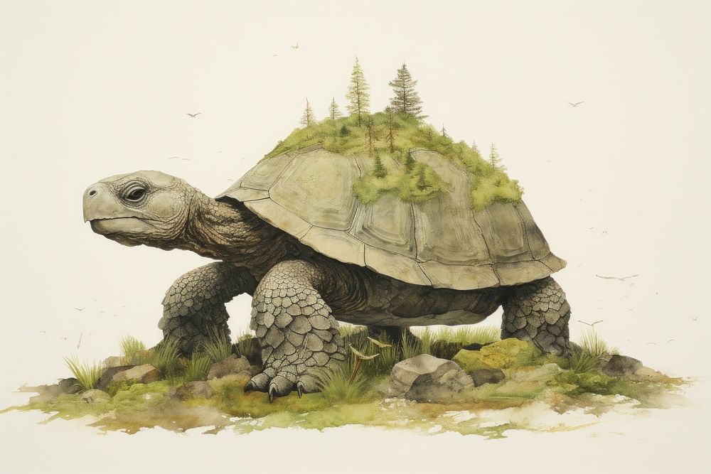 A portrait of Big old giant mossy turtle reptile drawing animal. AI generated Image by rawpixel.