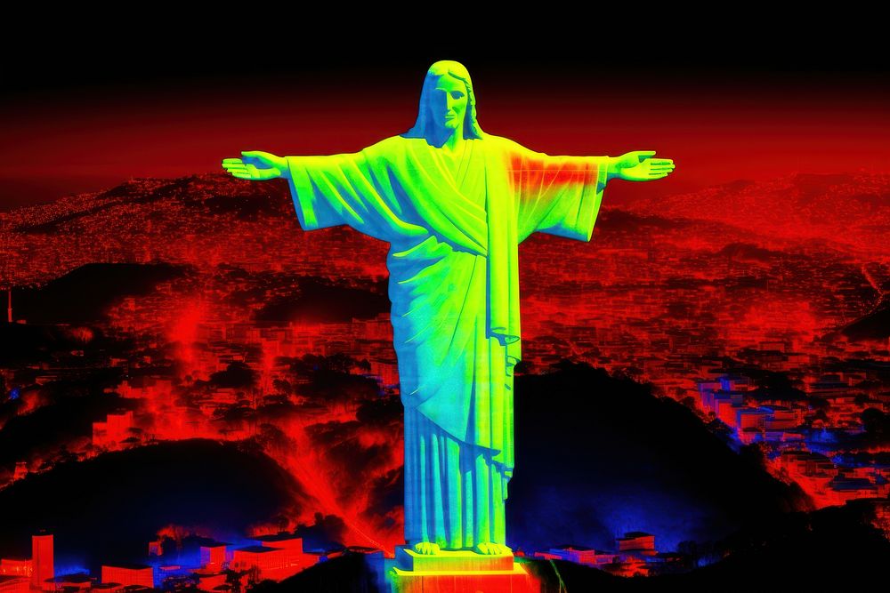 Statue of Jesus Christ in Rio de Janeiro cityscape sculpture red art. AI generated Image by rawpixel.