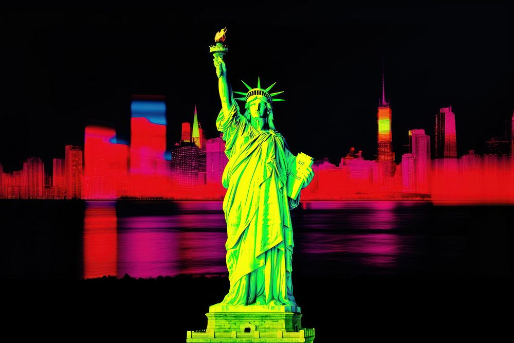 Statue of Liberty in newyork cityscape statue sculpture landmark. AI generated Image by rawpixel.