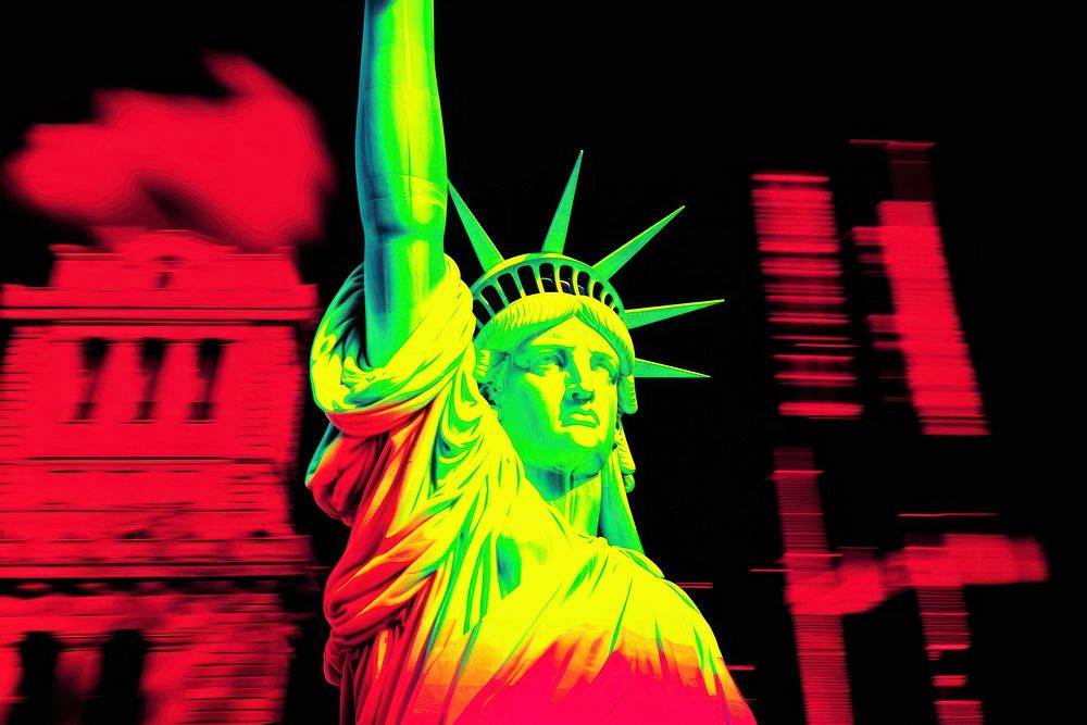 Statue of Liberty in newyork cityscape statue sculpture red. AI generated Image by rawpixel.