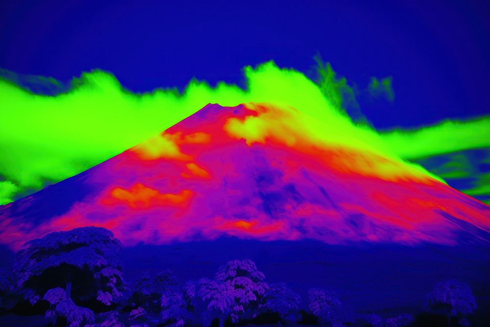 The volcano with the clouds and fog mountain outdoors glowing. AI generated Image by rawpixel.