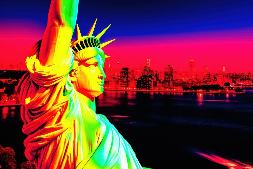 Statue of Liberty in newyork cityscape statue sculpture red. AI generated Image by rawpixel.