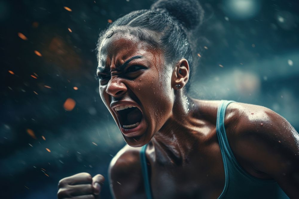 A female Athletic boxer punching shouting motion sports. AI generated Image by rawpixel.