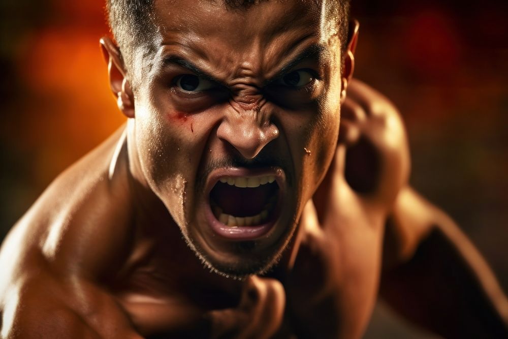 A Heavy weight brazilian male playing kick boxing shouting sports adult. AI generated Image by rawpixel.