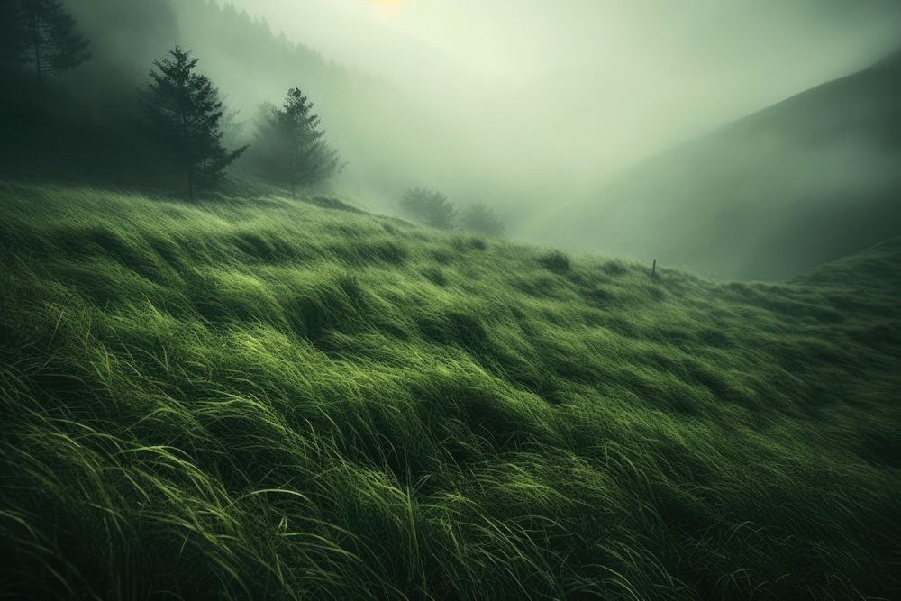 A Soft and calming green color grass and fog background nature landscape grassland. AI generated Image by rawpixel.
