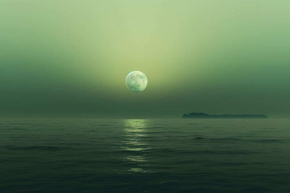 Minimal alternative playlist cover pastel Green dreamy colour and vibes nature moon sea. AI generated Image by rawpixel.