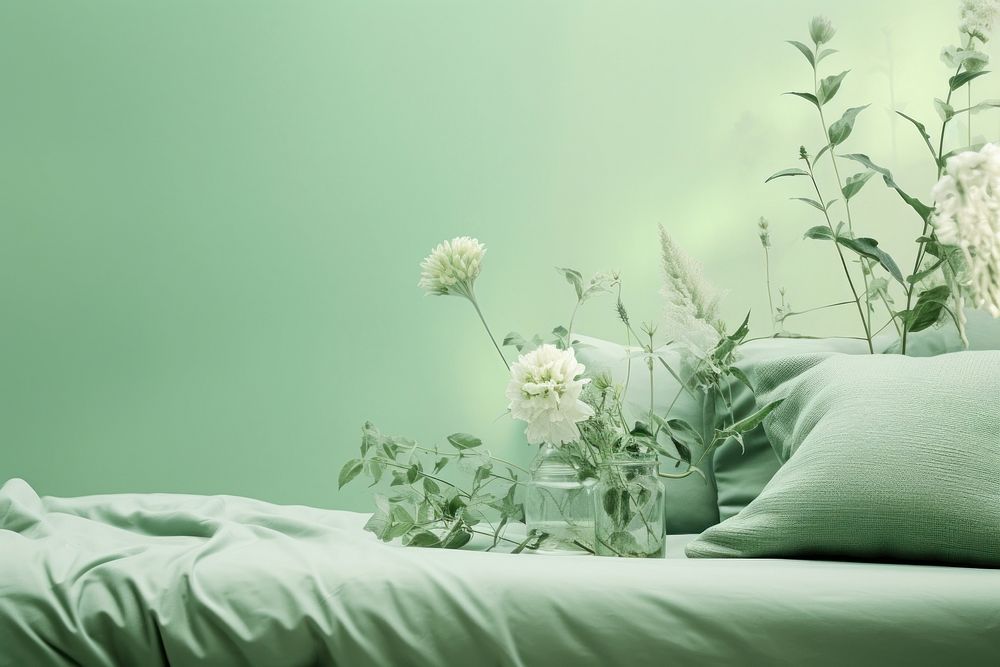 Minimal soft melancholy pastel dreamy green colour and vibes furniture bedroom pillow. AI generated Image by rawpixel.