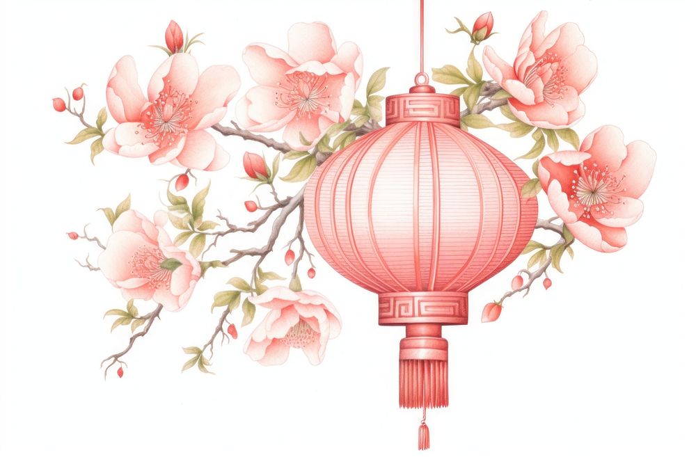 Chinese lantern with flowers plant red architecture. AI generated Image by rawpixel.