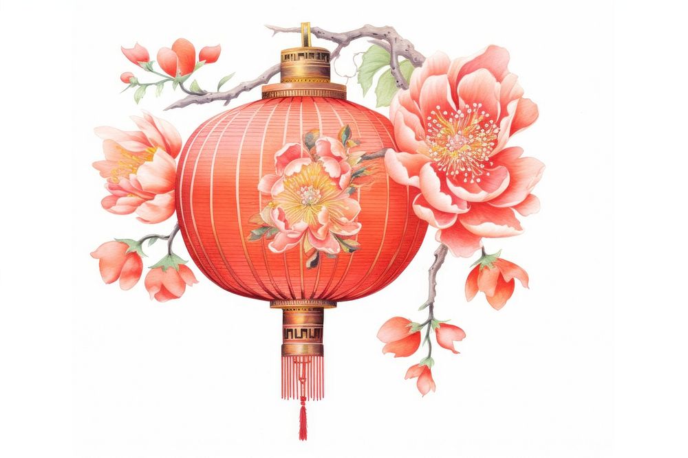 Chinese lantern with flowers red white background celebration. AI generated Image by rawpixel.
