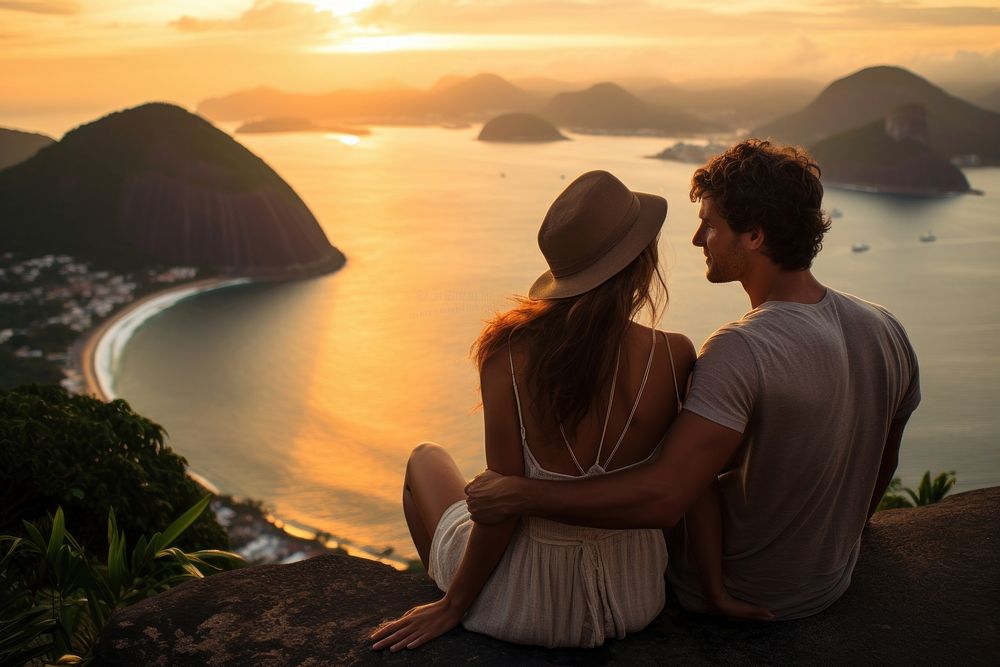 Two Latin Brazilian tourists sitting happily on a hill sea outdoors nature. 