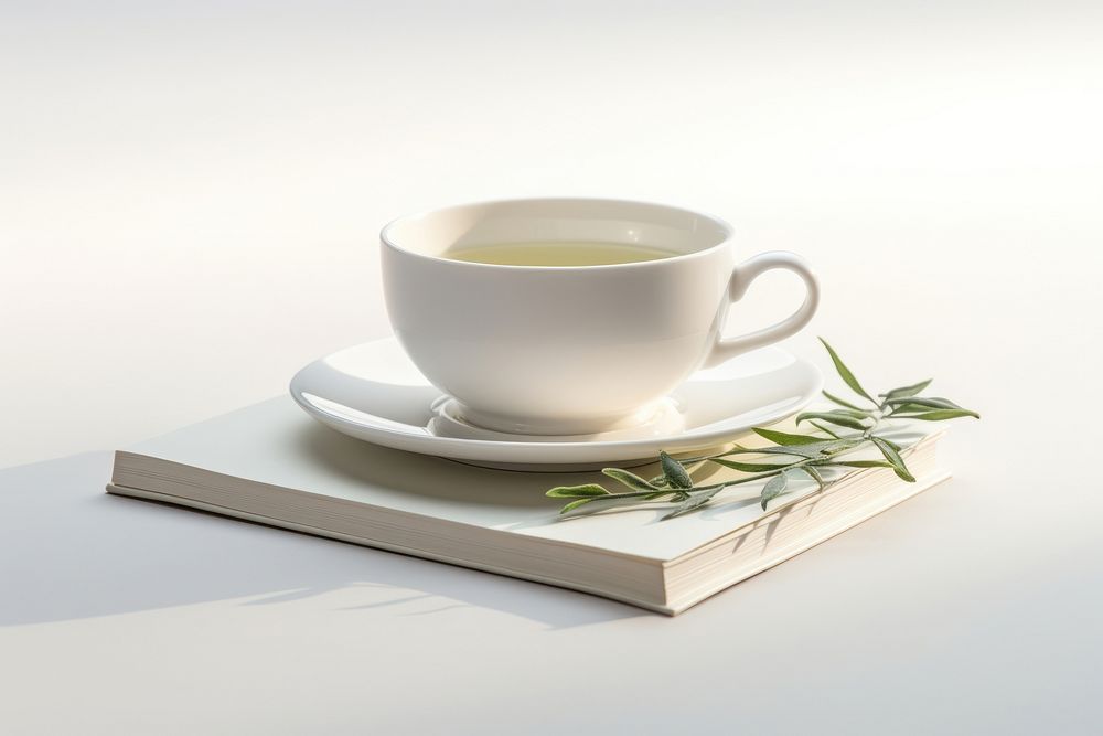 White tea cup on a book saucer drink mug. AI generated Image by rawpixel.