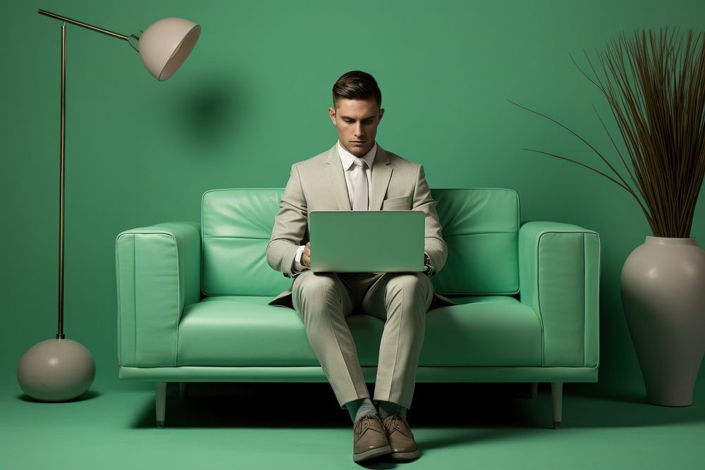 Man working on computer sitting furniture laptop. AI generated Image by rawpixel.