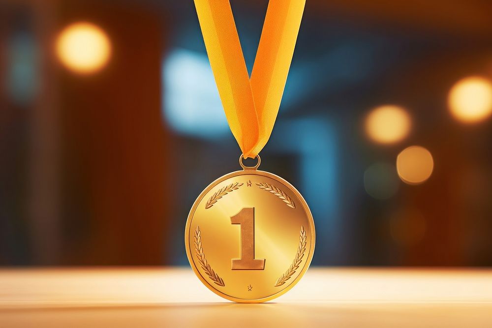 Gold medal with number 1 gold illuminated celebration. AI generated Image by rawpixel.