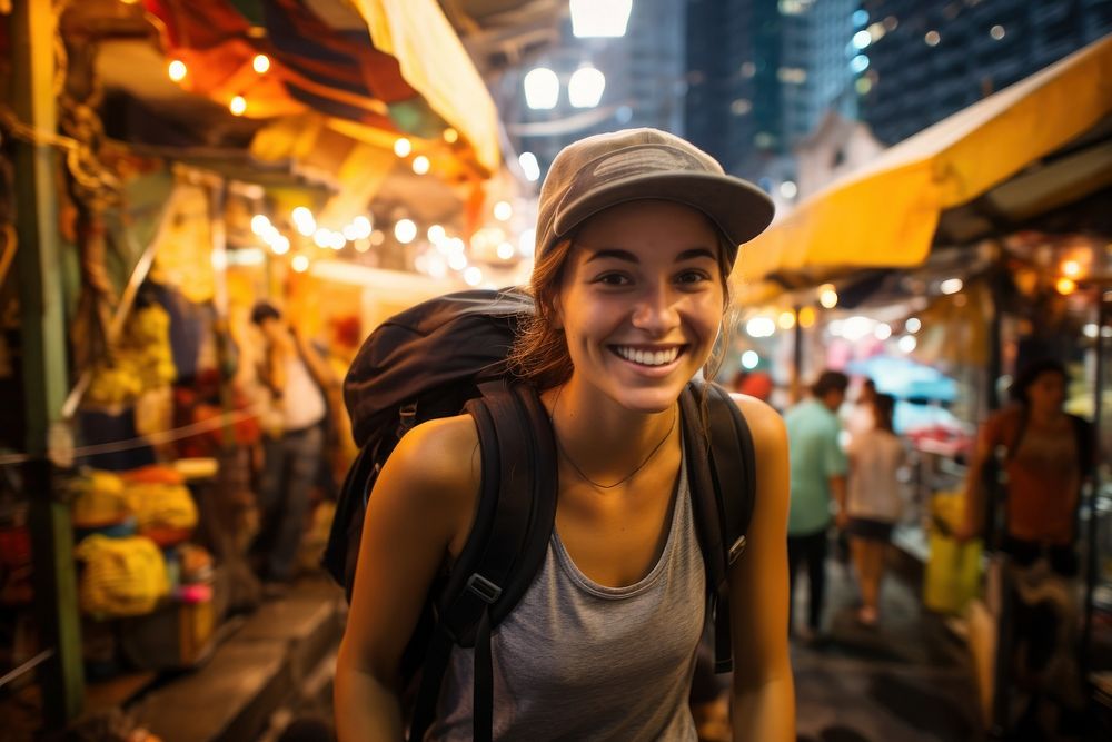 A Latina Brazilian female backpacker having fun exploring the night markets in Hong Kong portrait travel adult. AI generated…