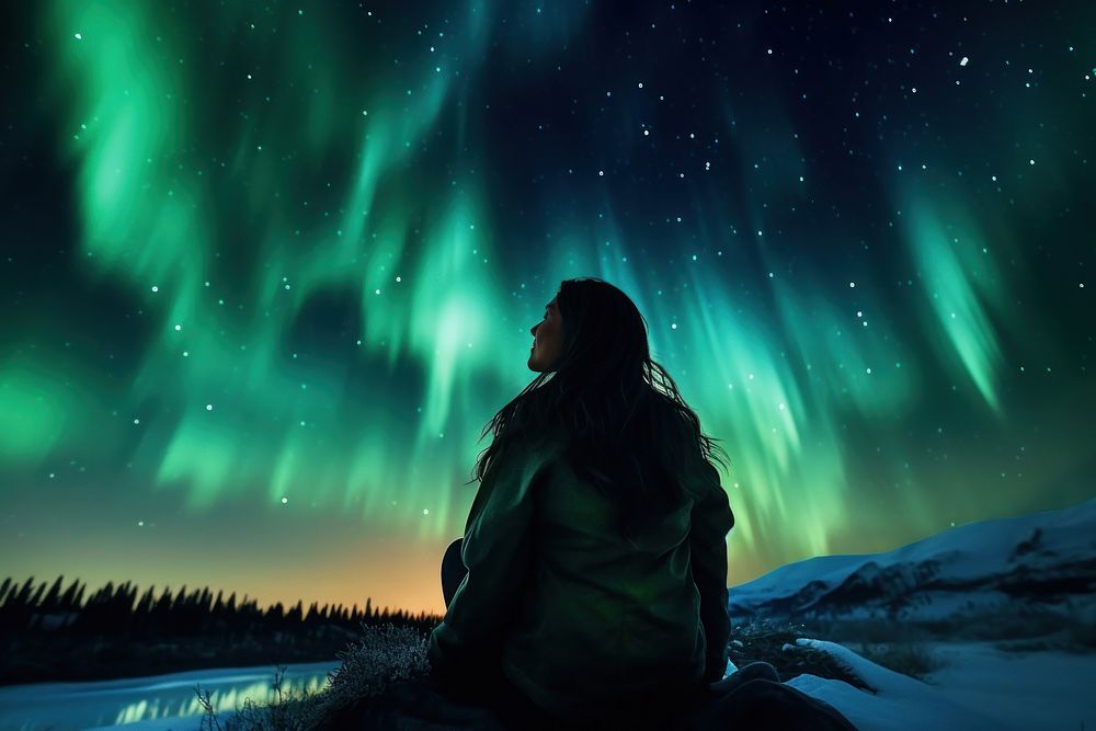 A Latina Mexican female backpacker sitting and joyfully looking at the northern lights in the sky in Alaska nature outdoors…