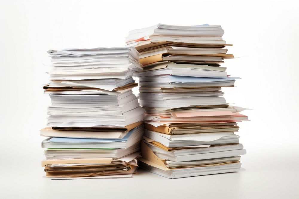 Pile of documents and files publication book white background. 