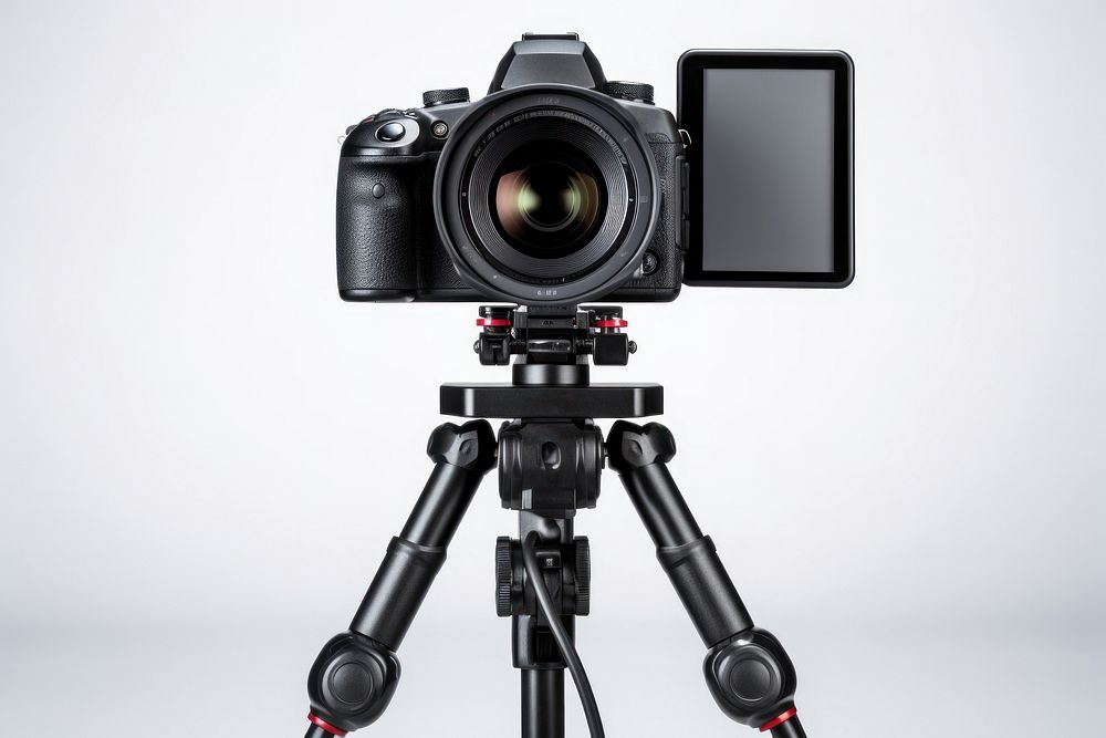 Professional digital video camera and tripod photo white background photographing. AI generated Image by rawpixel.