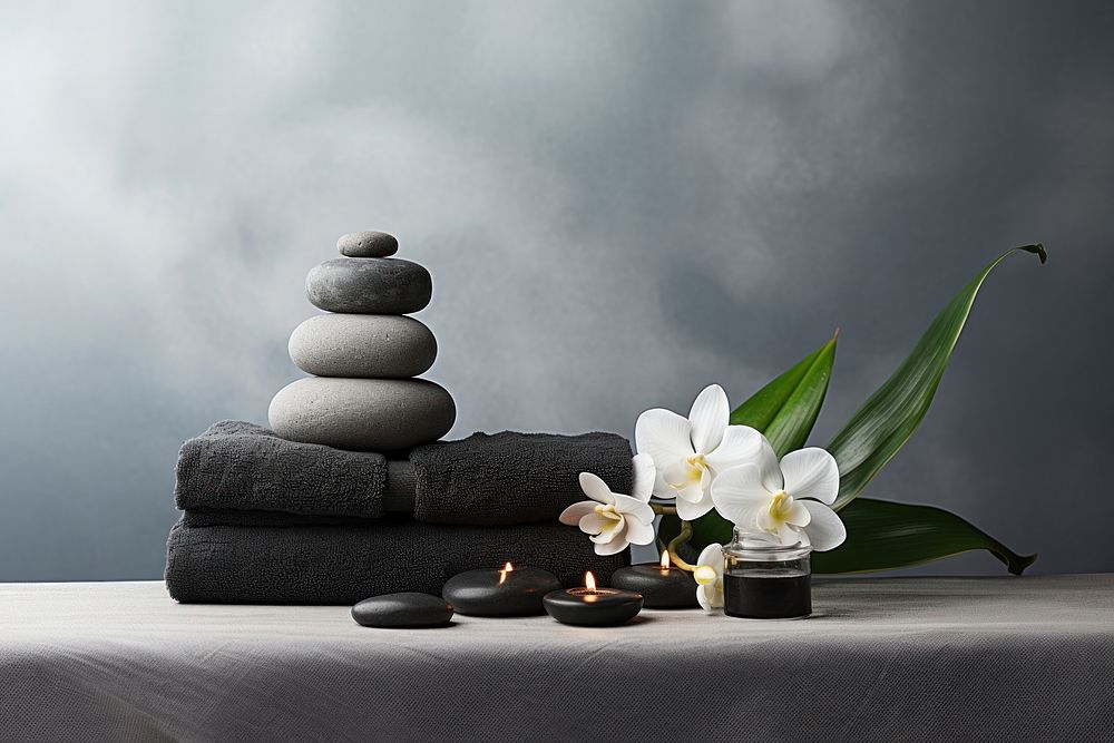 Spa concept with zen basalt stones and towels flower plant spa. AI generated Image by rawpixel.