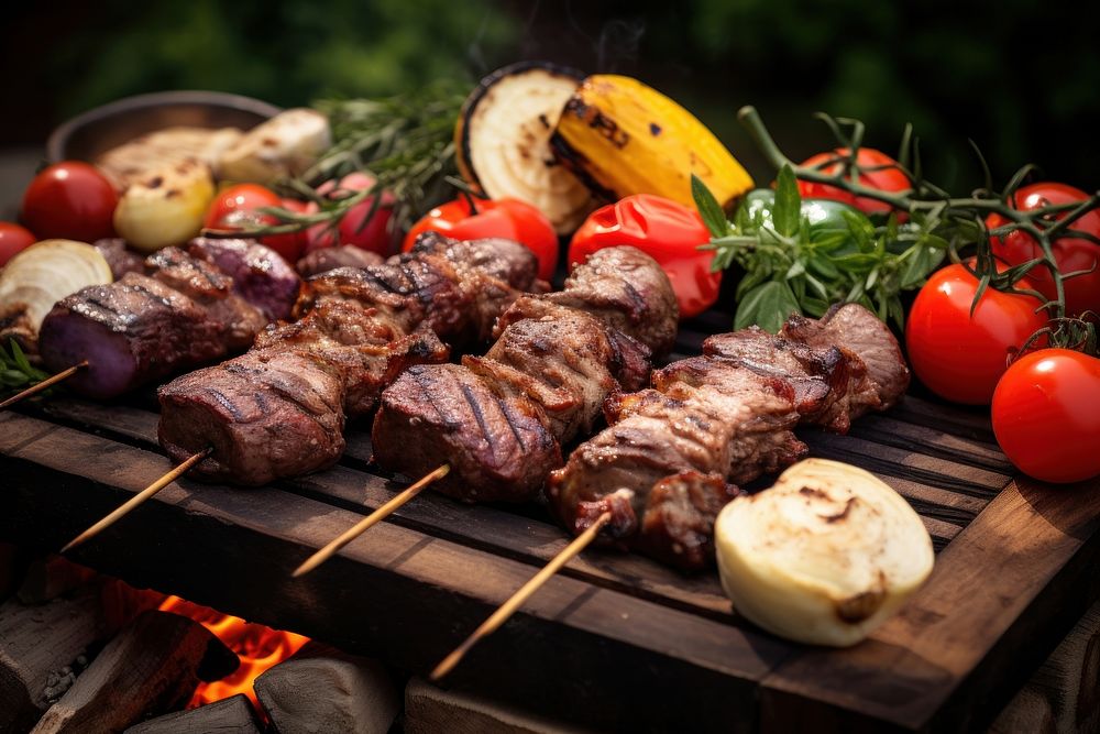 Assorted delicious grilled meats and vegetables on barbecue on rustic wooden planks grilling cooking plant. AI generated…