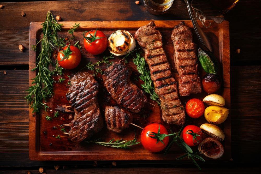 Assorted delicious grilled meats and vegetables on barbecue on rustic wooden planks food beef bratwurst. AI generated Image…