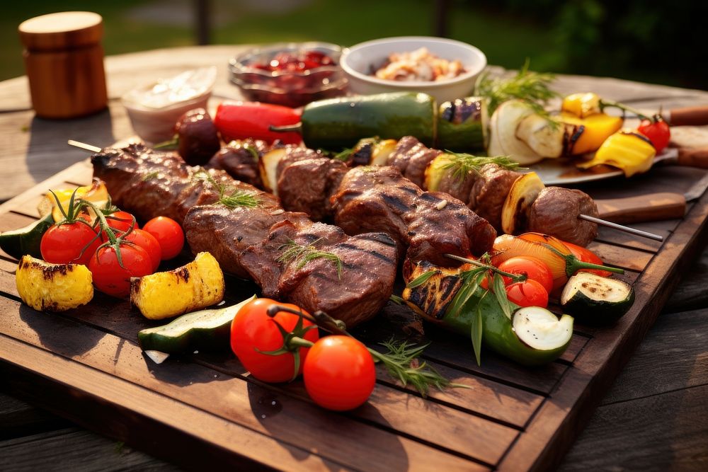 Assorted delicious grilled meats and vegetables on barbecue on rustic wooden planks grilling cooking food. AI generated…