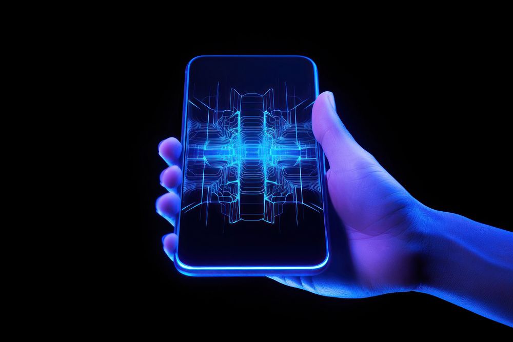 Blue neon lineart computing with a smartphone holding human hand. 