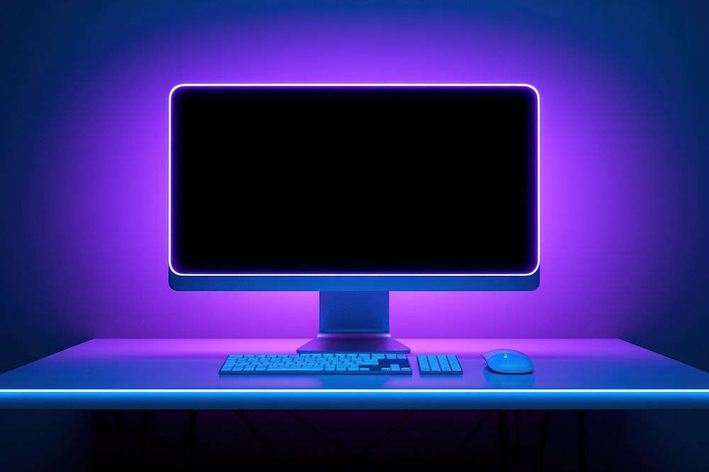 Modern computer with neon lights furniture screen table. AI generated Image by rawpixel.