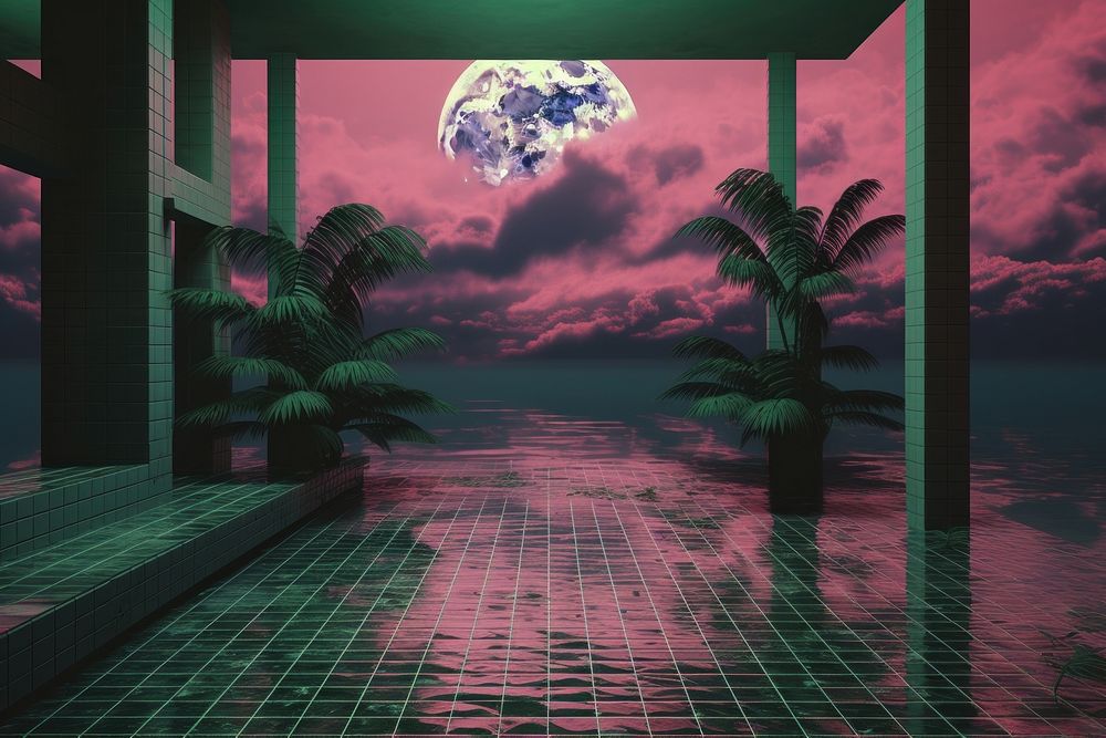 Random vaporwave with nostalgia aesthetic background outdoors nature night. AI generated Image by rawpixel.