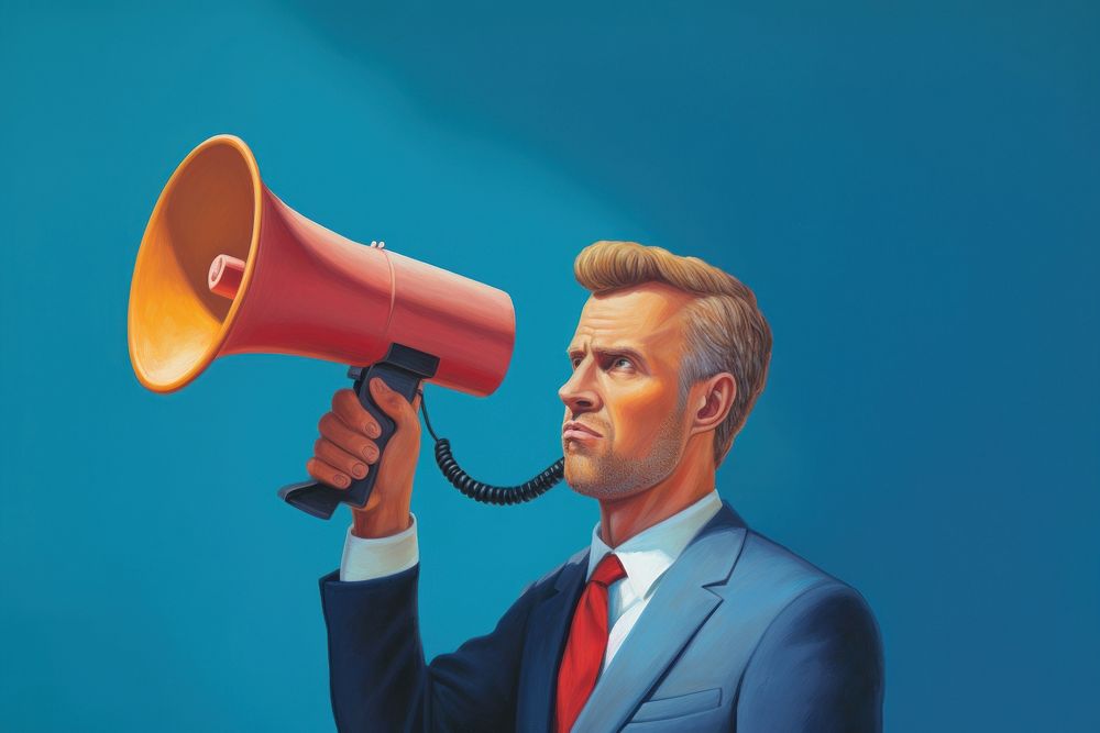 Man holding megaphone adult red performance. AI generated Image by rawpixel.
