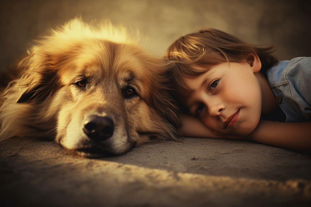 A little boy laying on the floor next to a dog photography portrait mammal. AI generated Image by rawpixel.