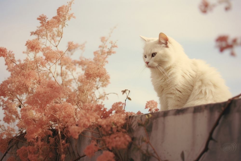 A white cat sitting on top of concrete fence animal mammal kitten. AI generated Image by rawpixel.