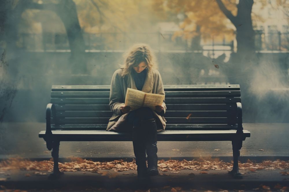 A woman sitting on a bench reading a book furniture adult contemplation. AI generated Image by rawpixel.