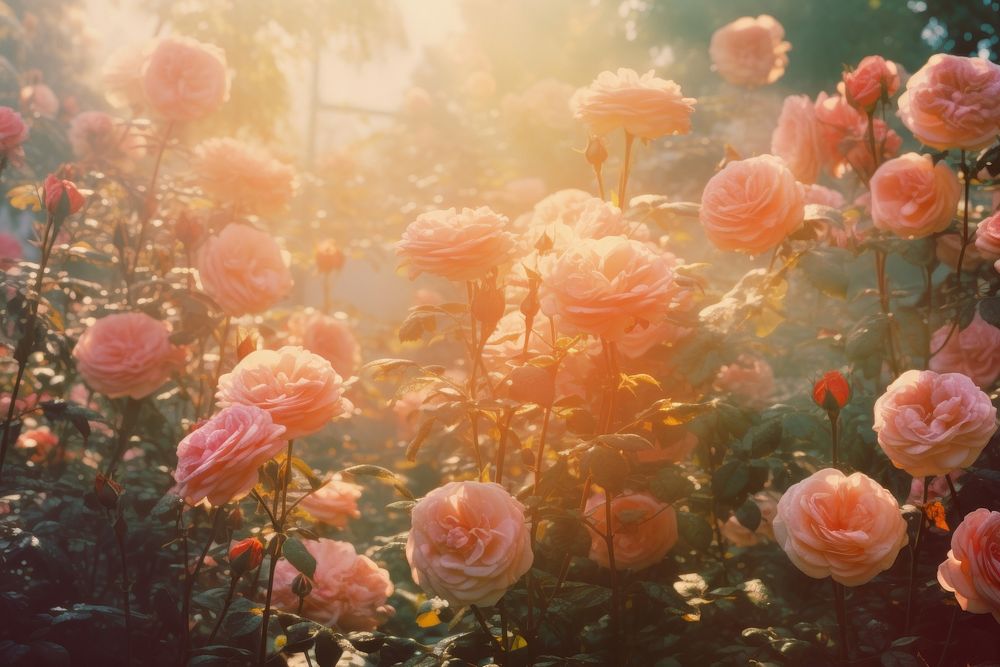 Rose garden in morning backgrounds sunlight outdoors. AI generated Image by rawpixel.