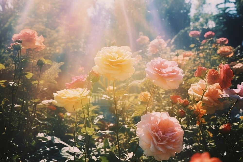 Rose garden in morning sunlight outdoors flower. AI generated Image by rawpixel.