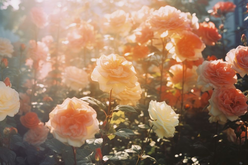 Rose garden in morning backgrounds outdoors blossom. AI generated Image by rawpixel.