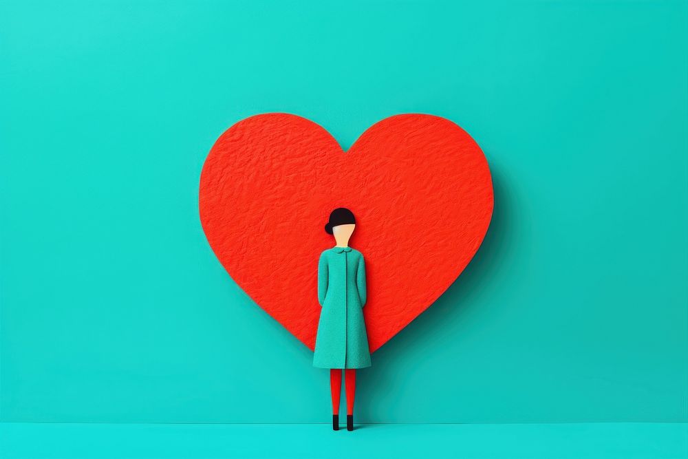 Young woman embraces a big red heart love creativity standing. AI generated Image by rawpixel.
