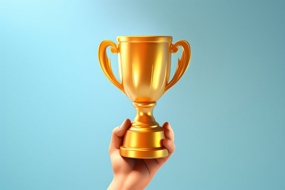 Hand holding a golden trophy cup achievement success winning. AI generated Image by rawpixel.