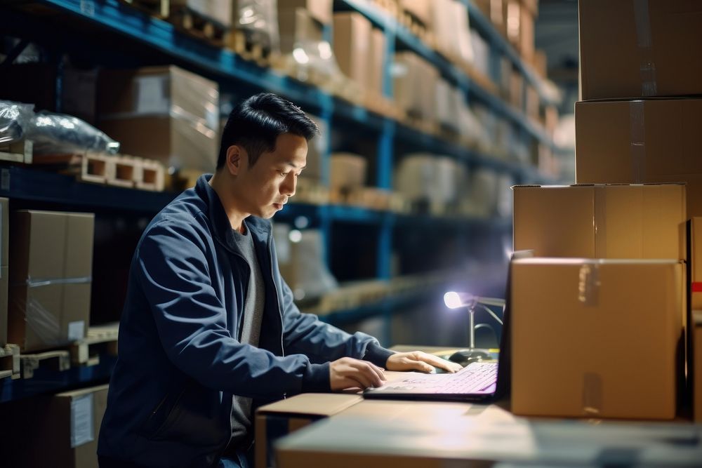 Asian male warehouse worker checking orders at computer workstation cardboard list box. AI generated Image by rawpixel.