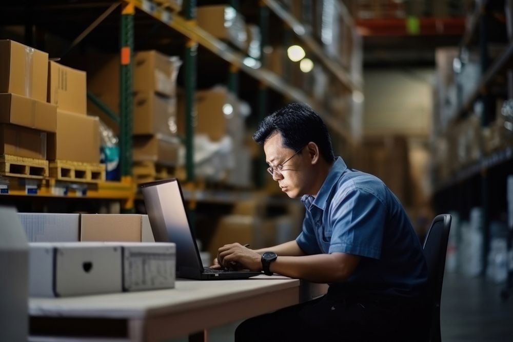 Middle age asian male warehouse worker checking orders at computer workstation laptop list concentration. AI generated Image…