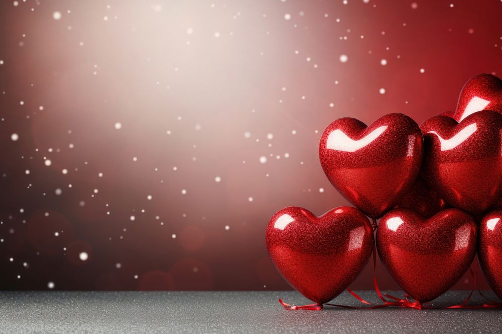 A group of red heart shaped latex balloons and glitter illuminated celebration decoration. AI generated Image by rawpixel.