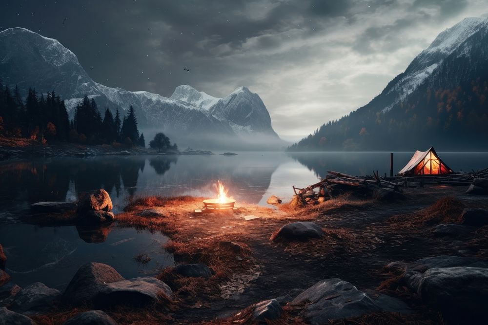 Outdoors landscape camping bonfire. AI generated Image by rawpixel.