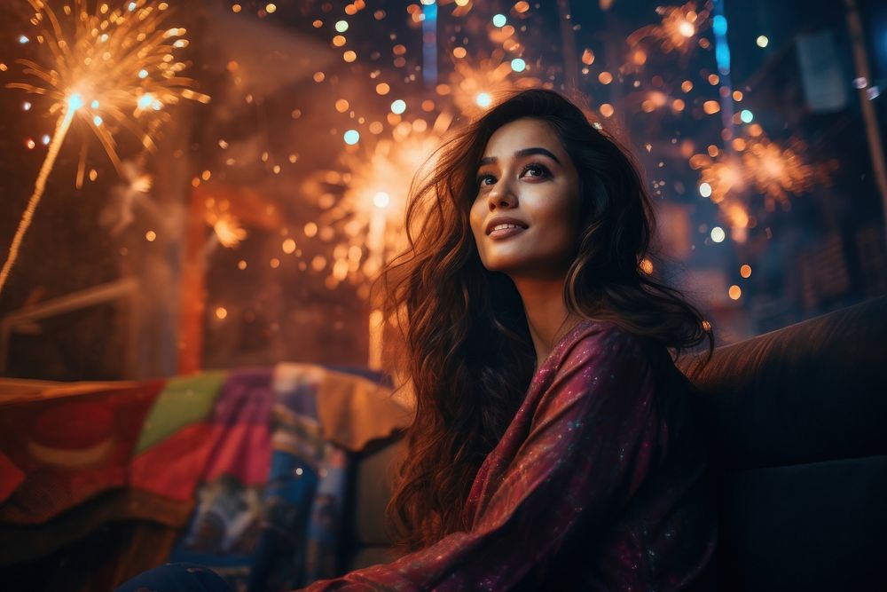 Bangladeshi gorgeous celebrating fireworks portrait adult. AI generated Image by rawpixel.