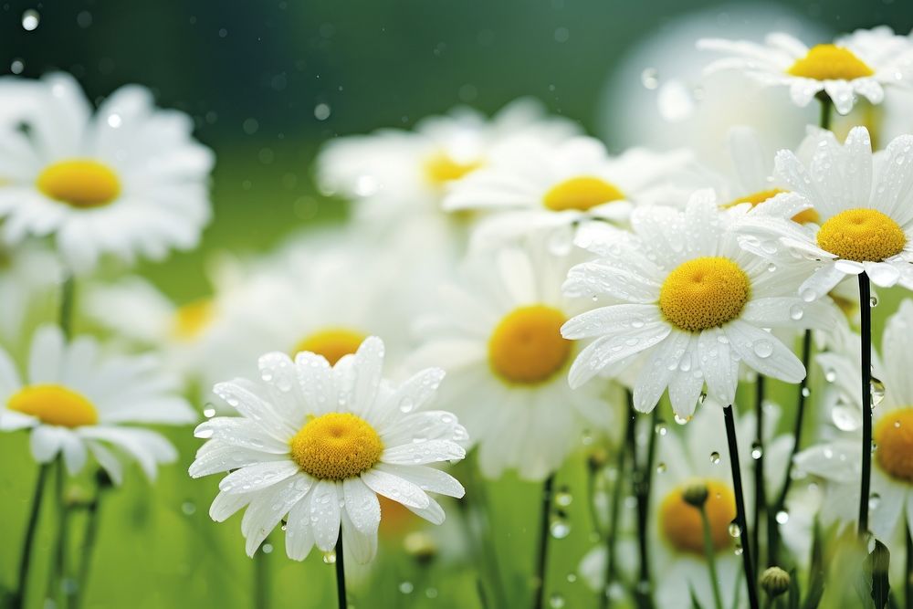 Camomiles on a meadow in rain drops outdoors blossom flower. AI generated Image by rawpixel.