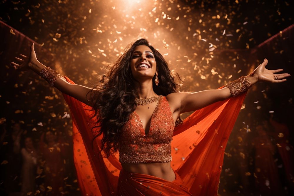 Indian woman gorgeous celebrating dancing adult stage. AI generated Image by rawpixel.