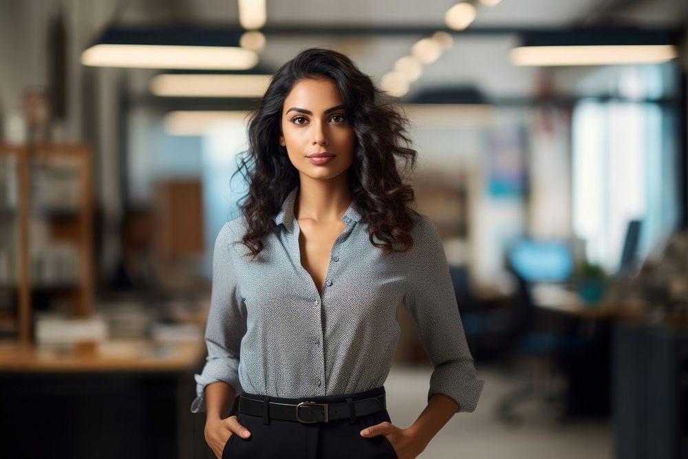 Indian woman standing office contemplation. AI generated Image by rawpixel.