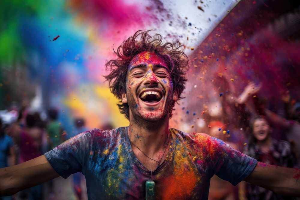Indian gorgeous man celebrating festival outdoors holi. AI generated Image by rawpixel.