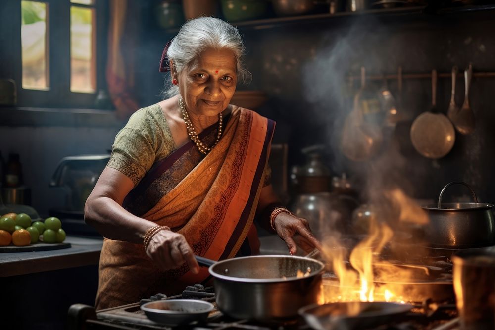 Indian senior woman food kitchen cooking. AI generated Image by rawpixel.