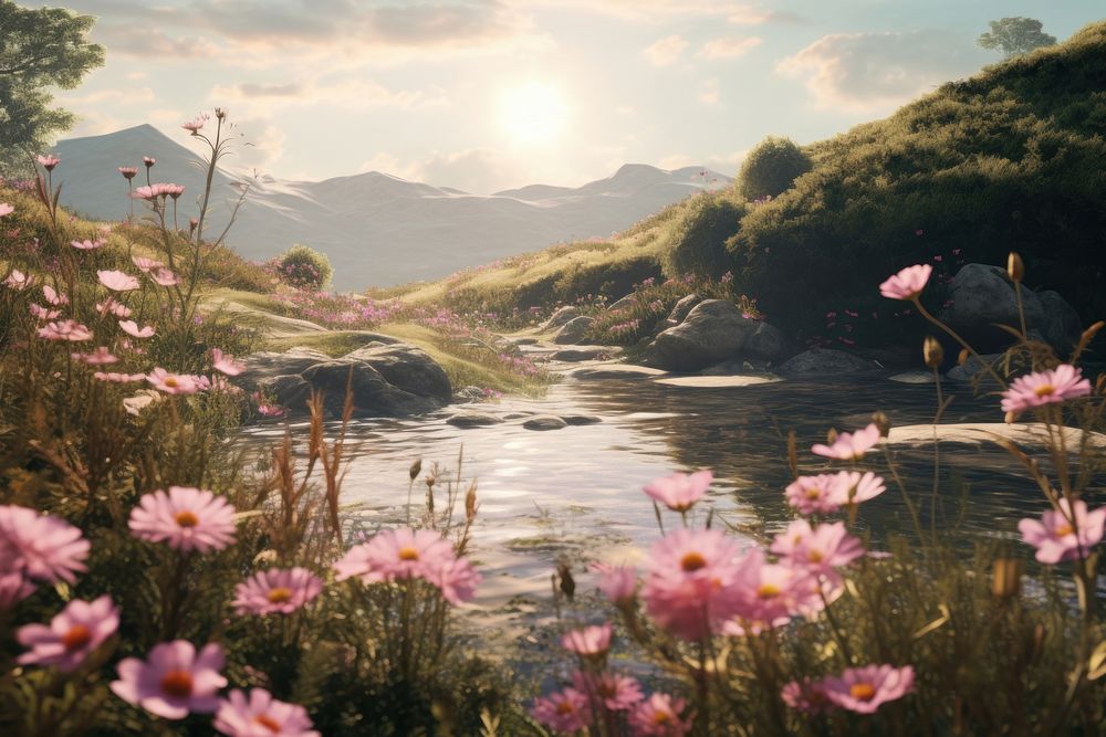 Spring landscape wilderness sunlight. AI generated Image by rawpixel.
