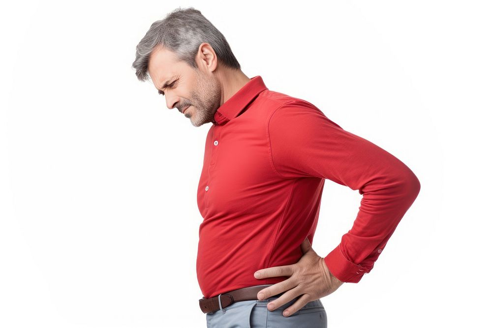 Unhappy guy suffering from severe backache pain adult white background. AI generated Image by rawpixel.