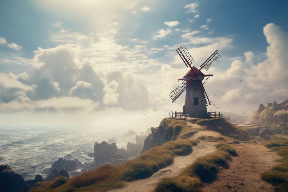 Windy landscape outdoors windmill. AI generated Image by rawpixel.